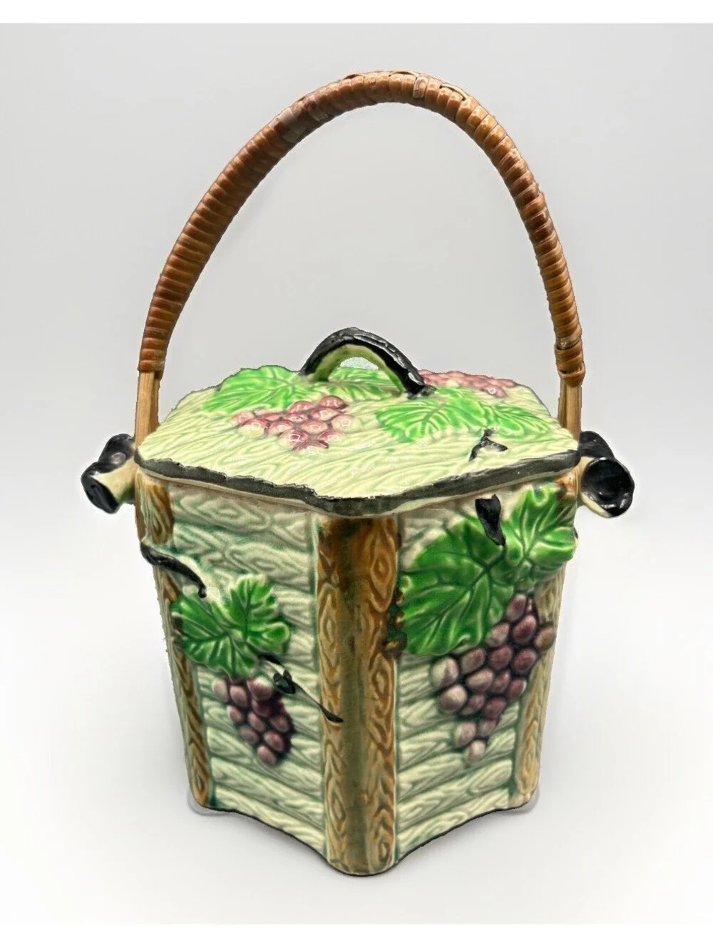 Vintage Japan Majolica Biscuit Cookie Jar Grape Vine Basket Handle Ceramic Lid